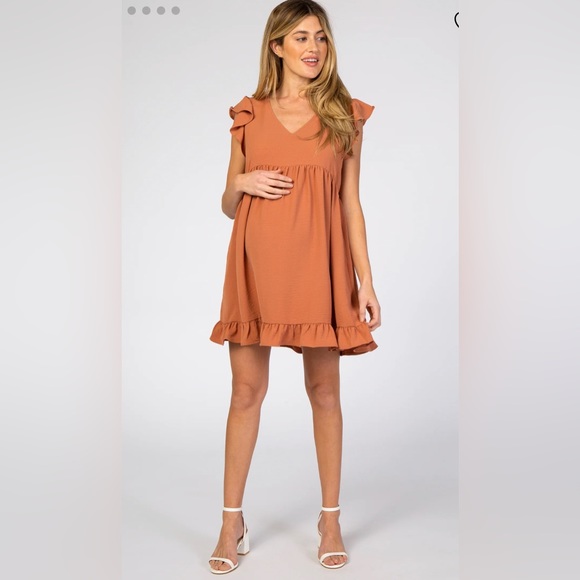 Pink Blush Maternity Rust Ruffle Hem V-Neck Dress - Picture 1 of 2